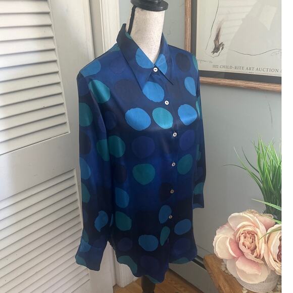 Vintage 90s NEXT Womens Blouse Blue Satin Geometric Print Button Down Mod | 8 - Picture 4 of 11
